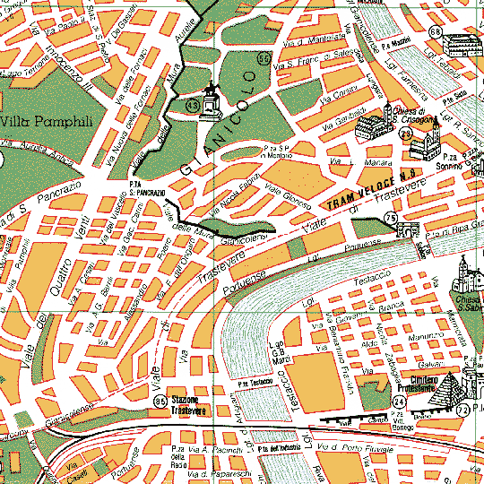 Detaljeret bykort over Roms vestlige del, Gianicolo, Trastevere og Monte Testaccio - By courtesy of Rome's Tourist Board 