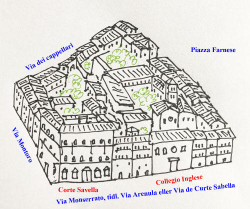Plan over Corte Savella og Collegio Inglese efter Tempestas kort
