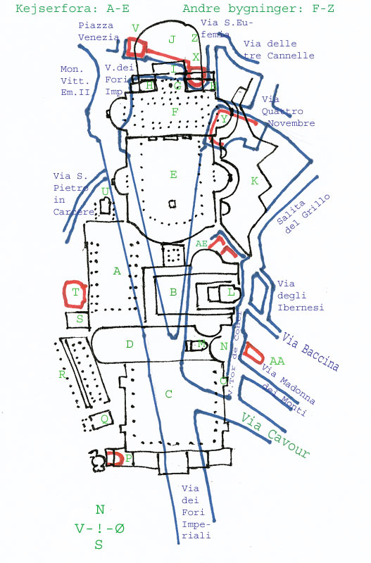 Plan over bygninger i Forumdalen, Kejserfora mm.