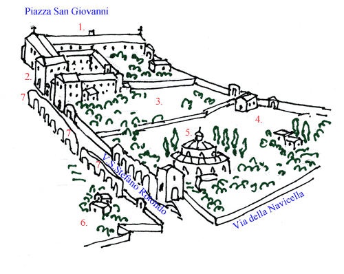 Kort over området mellem Via di Santo Stefano Rotondo og Via dell'Amba Aradam i 1625. Efter Maggi.