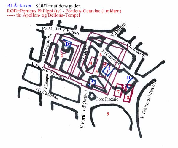 Plan over de antikke bygninger i nutidens gader