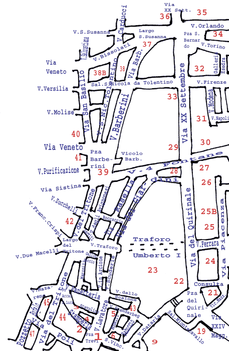 Bykort til Quirinalturen : området mellem Via del Quirinale / Via XX Settembre og Via del Tritone